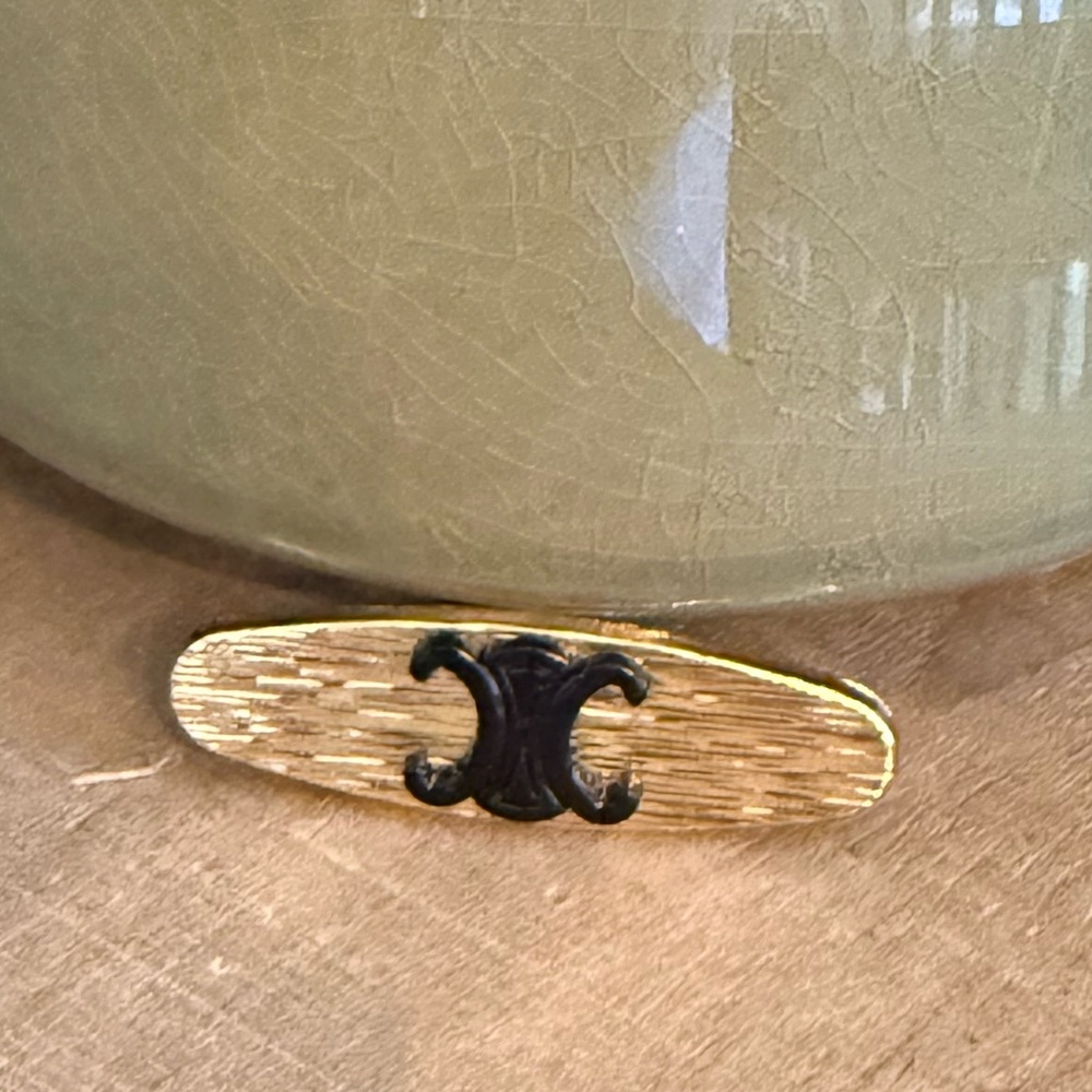 Gold Textured Bar Brooch with Black Double C Style Detail